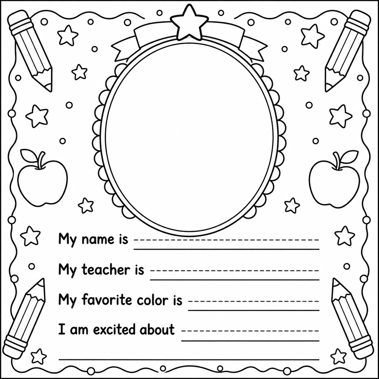 All About Me Coloring Worksheet featuring self-portrait box and fill-in prompt lines